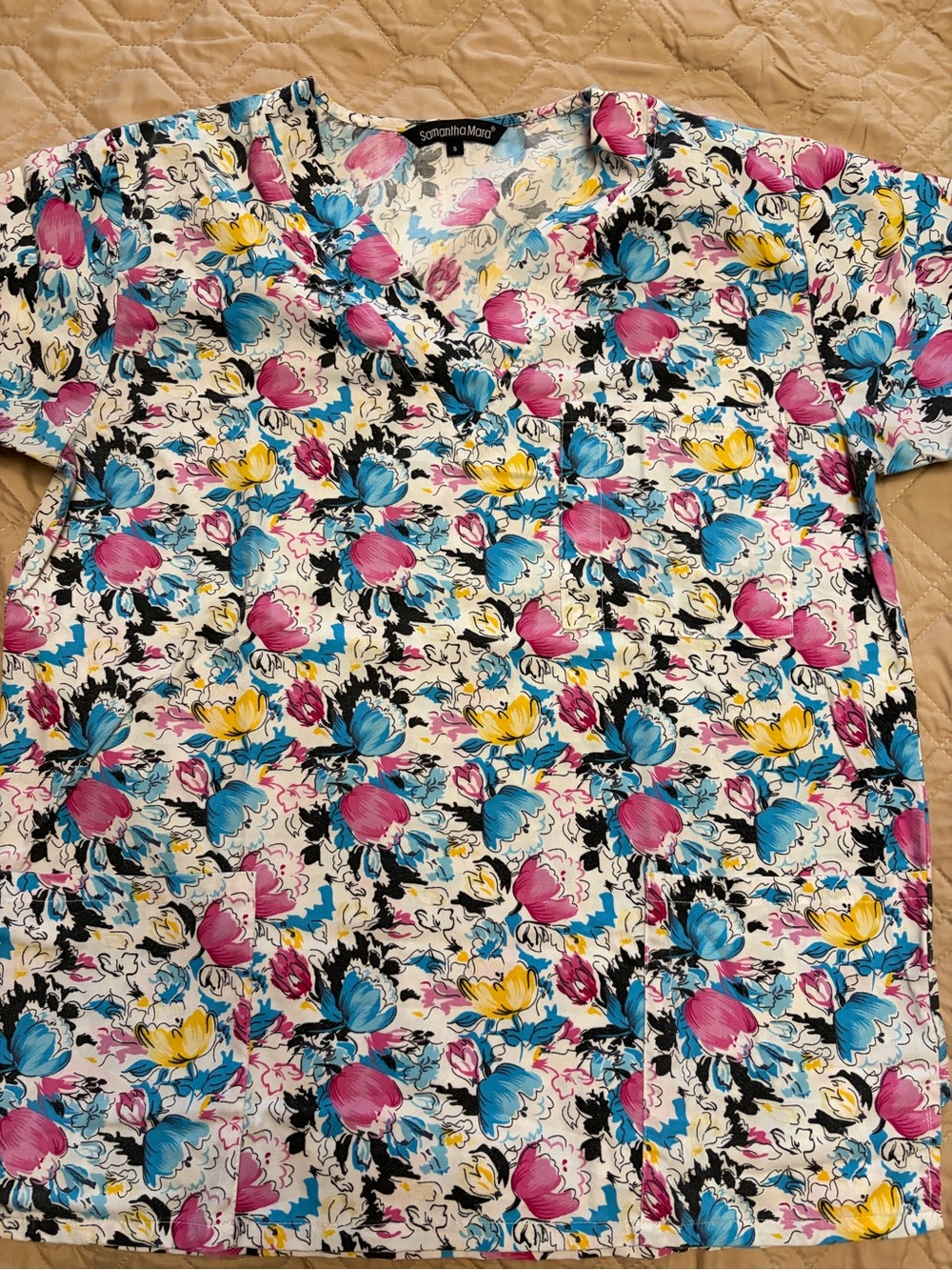 Short Sleeve V-Neck Scrubs Top - White with Blue, Pink & Yellow Floral